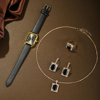6-Piece Square Watch & Jewellery Set | 29mm Quartz Watch with Leather Strap, Necklace, Bracelet, Ring & Earrings