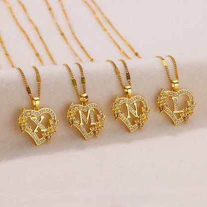 Initial Letter Heart Pendant Necklace | Zircon Flower & Personalised Letter, 316L Stainless Steel