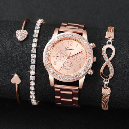 4-Piece Rhinestone Watch & Stackable Bracelet Set | 36-38mm Quartz Watch with 3 Bracelets