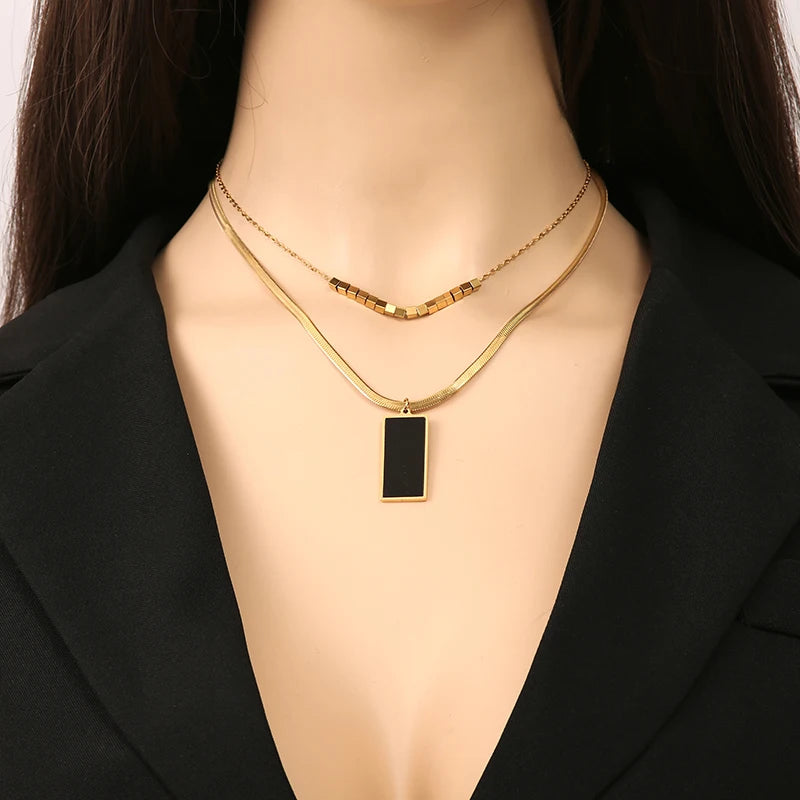 2-Layer Tiger Stripe Pendant Necklace | Waterproof 316L Stainless Steel, Round & Square Pendants