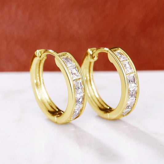Princess Cut Crystal Hoop Earrings | Elegant Square Cubic Zirconia Gold-Tone Huggies