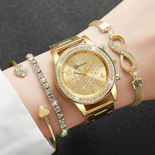 Iced-Out Golden Glamour 4-Piece Luxe Set | Rhinestone Steel Band Watch & Stackable Bracelet Collection