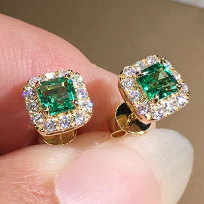 Green Cubic Zirconia Halo Stud Earrings | Gold-Tone Brass, Push-Back, 2.8g