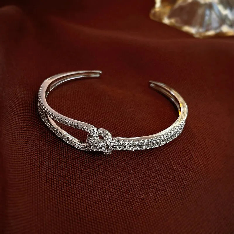 Elegant Golden Knot Cuff | Exquisite Full Zircon Minimalist Bangle for Weddings & Special Occasions