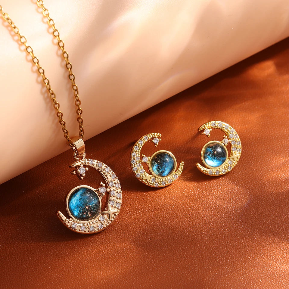Star, Moon & Astronaut Pendant Necklace | Waterproof Titanium Steel with Zircon