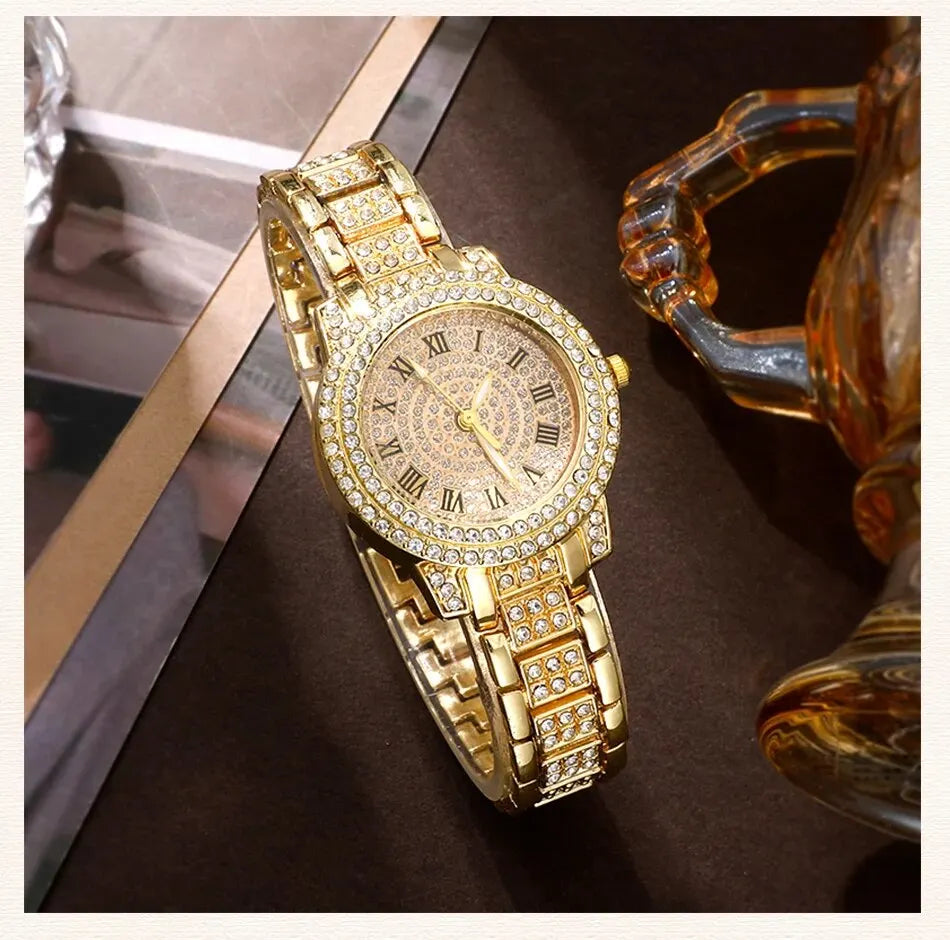 Golden Prestige 6-Piece Luxury Collection | Roman Numeral Watch & Rhinestone Jewelry Ensemble