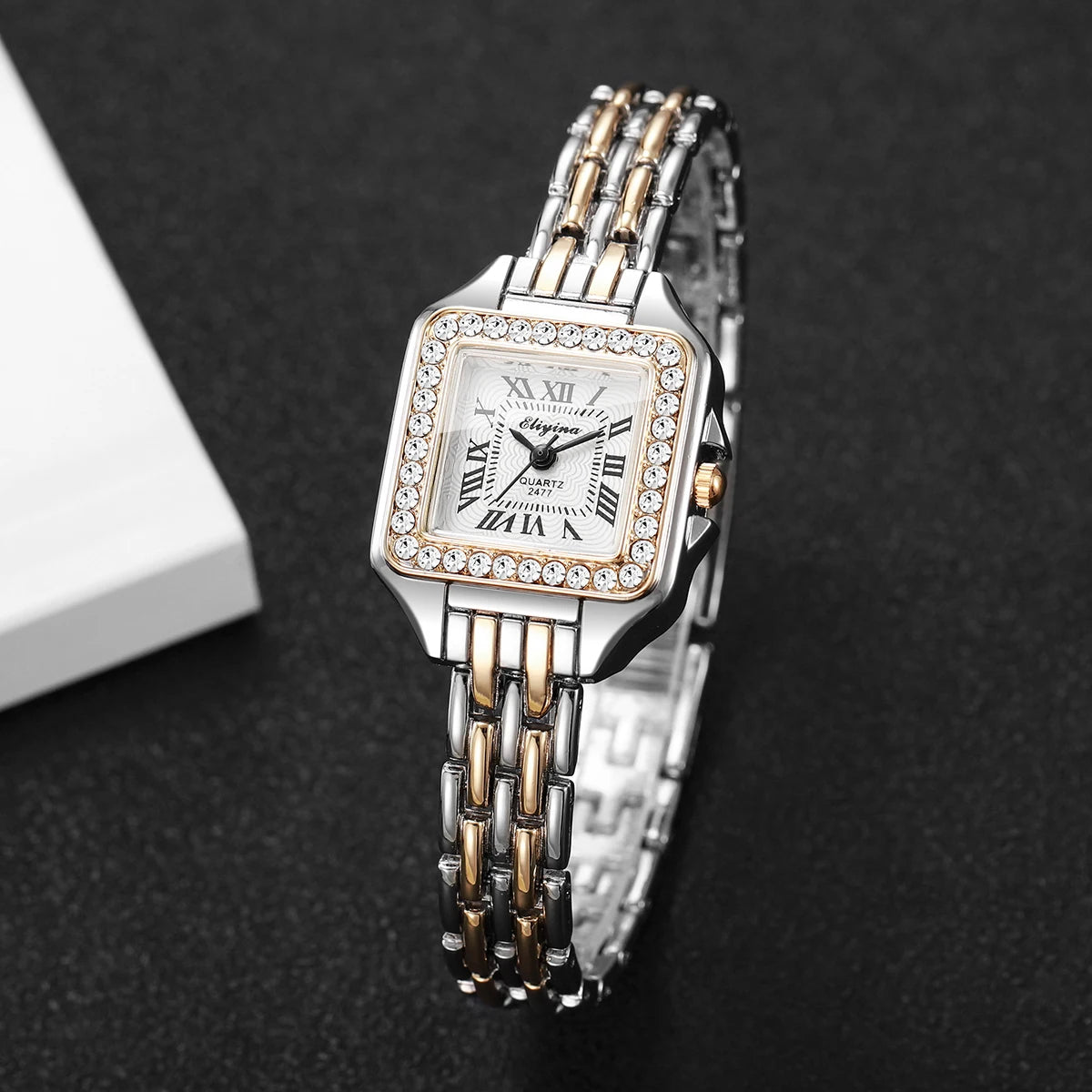 Luxe Rhinestone Square Watch | Elegant Roman Numeral Dial & Polished Gold-Tone Wristwatch