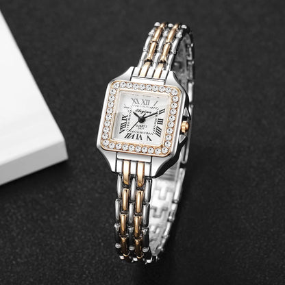 Rhinestone Square Watch | Gold-Tone Roman Numeral Dial & Slim Alloy Bracelet