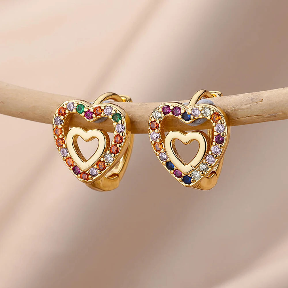 Hollow Zircon Heart Studs | Waterproof Gold Stainless Steel Screw-Back Earrings