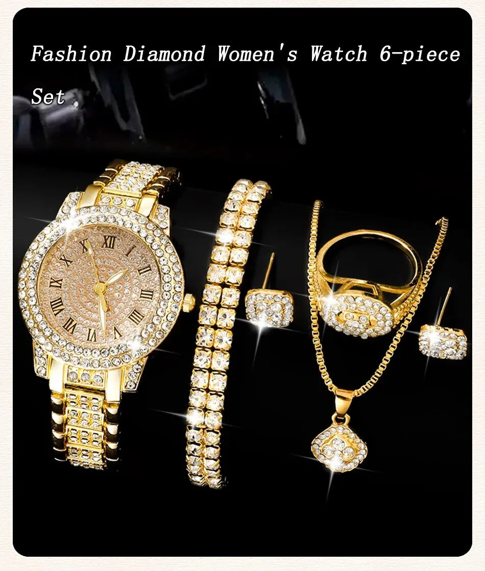 Golden Prestige 6-Piece Luxury Collection | Roman Numeral Watch & Rhinestone Jewelry Ensemble