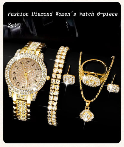 6-Piece Roman Numeral Watch & Rhinestone Jewellery Set | 32mm Quartz Watch, Necklace, Bracelet, Ring & Earrings