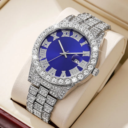 Rhinestone Calendar Watch | 42mm Roman Numeral Dial, Stainless Steel, 20mm Alloy Band