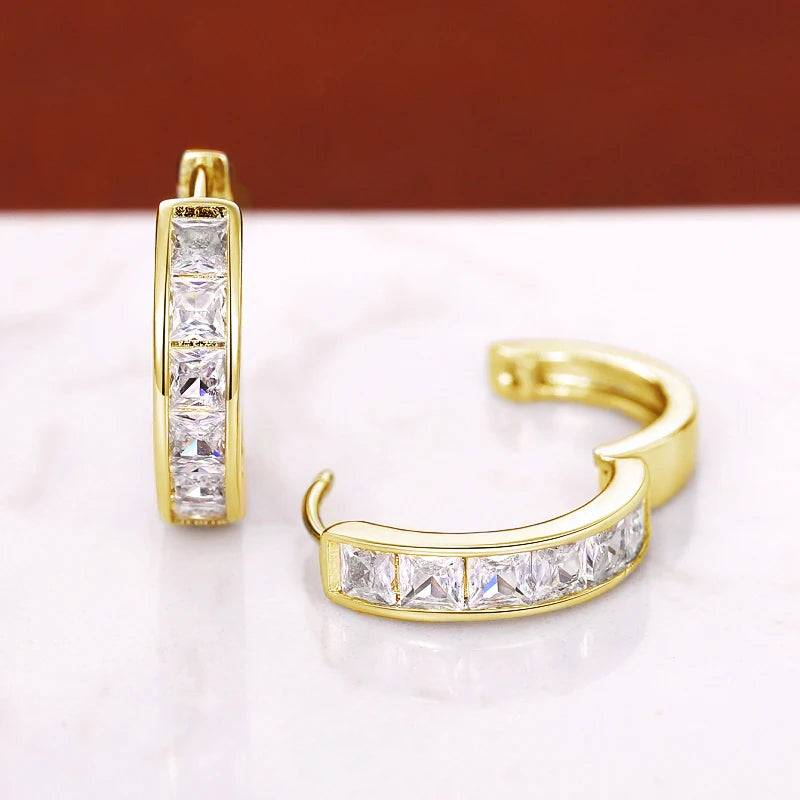 Princess Cut Crystal Hoop Earrings | Elegant Square Cubic Zirconia Gold-Tone Huggies