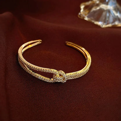 Elegant Golden Knot Cuff | Exquisite Full Zircon Minimalist Bangle for Weddings & Special Occasions