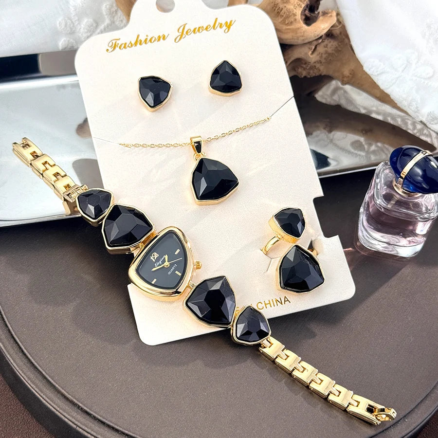 4-Piece Colourful Crystal Watch & Jewellery Set | Irregular Shape Quartz Watch, Necklace, Ring & Earrings