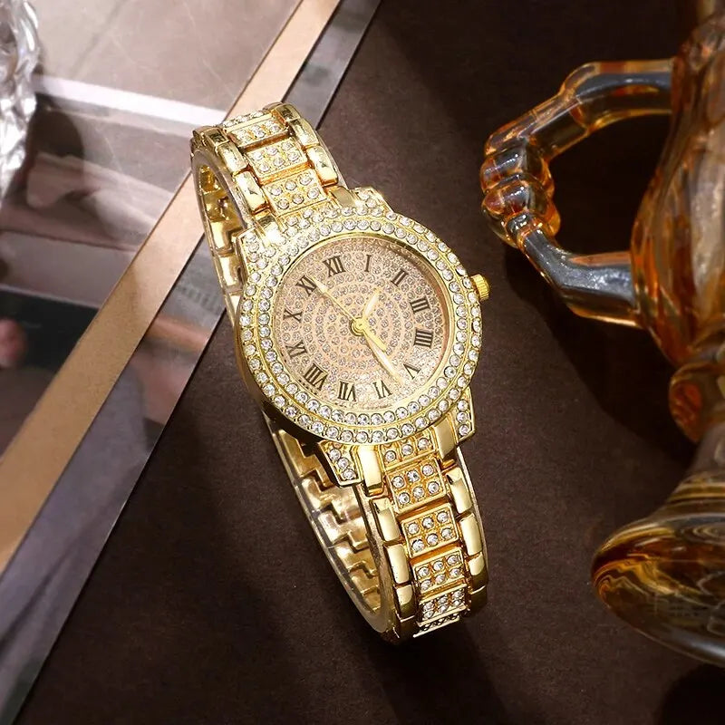 Golden Prestige 6-Piece Luxury Collection | Roman Numeral Watch & Rhinestone Jewelry Ensemble
