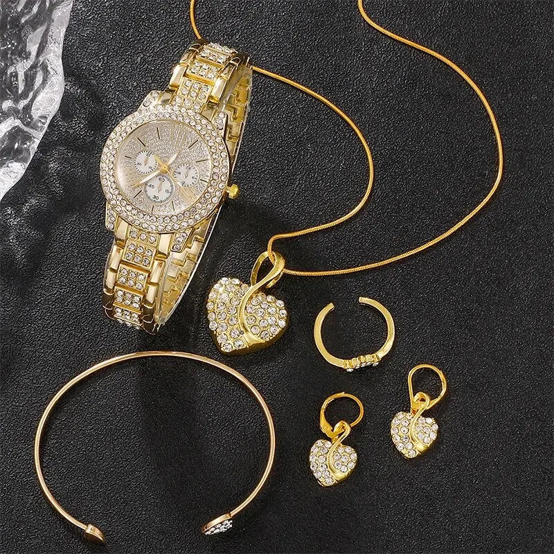 6-Piece Rhinestone Watch & Jewellery Set | Gold-Tone Quartz Watch with Necklace, Bracelet, Ring & Earrings