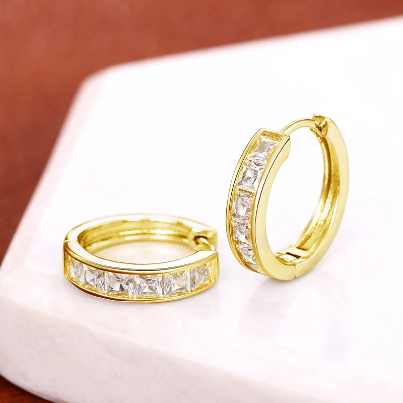 Princess Cut Crystal Hoop Earrings | Elegant Square Cubic Zirconia Gold-Tone Huggies