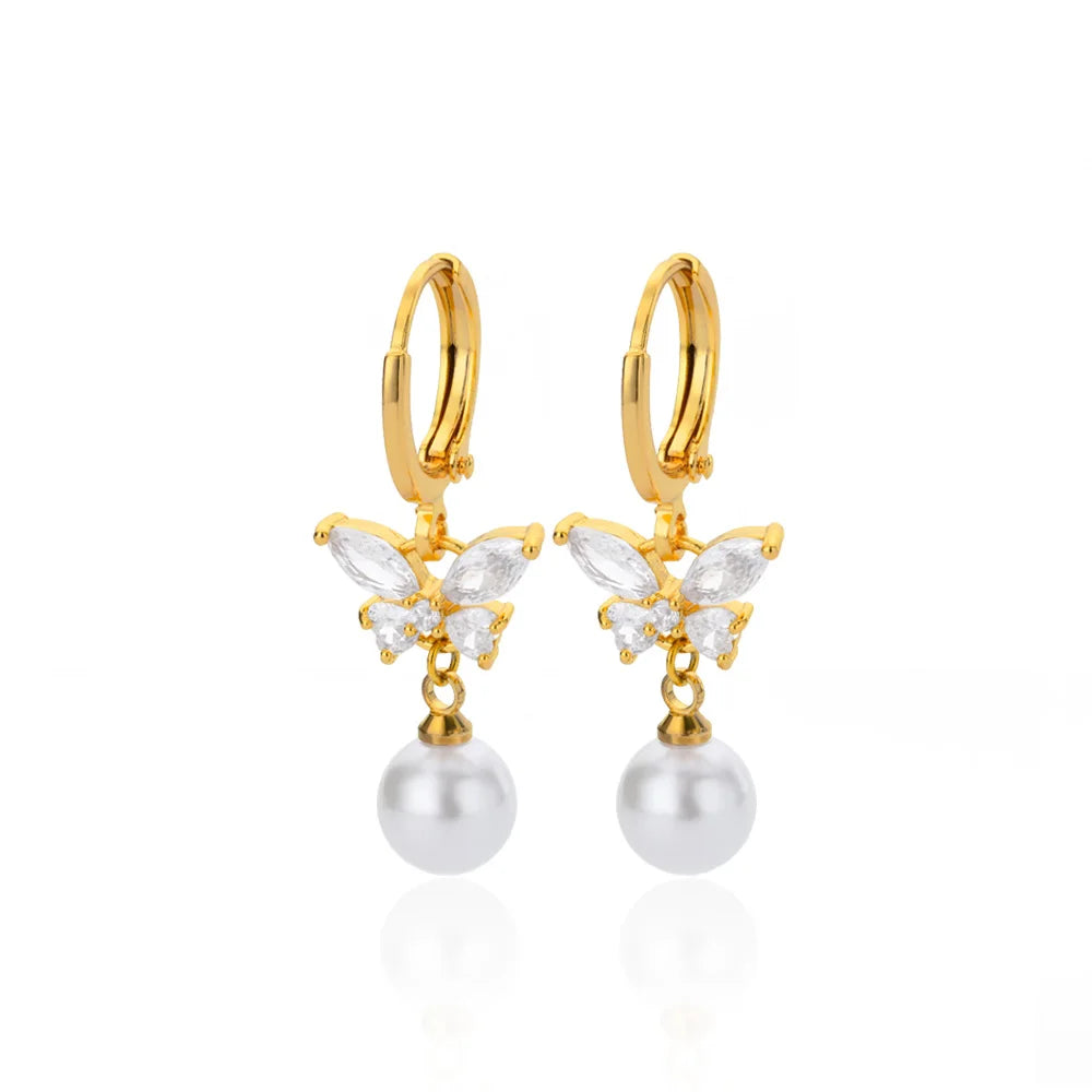 Butterfly Pearl & Zircon Droplets | Waterproof 316L Stainless Steel Gold Plated Earrings