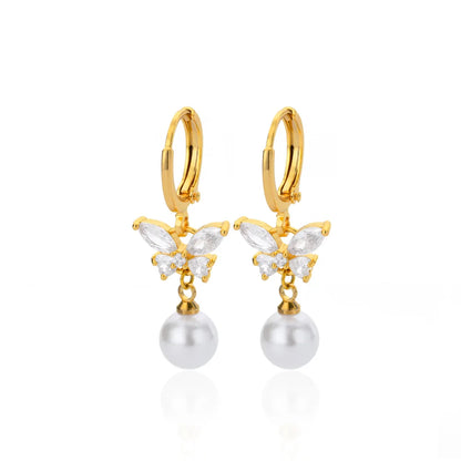 Butterfly Pearl & Zircon Drop Earrings | Waterproof 316L Stainless Steel Gold-Plated