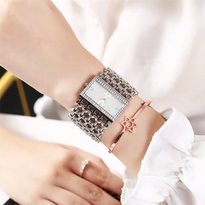 Gold-Tone Skeleton Cuff Watch | 35mm Wide Openwork Bangle with Square Rhinestone Dial