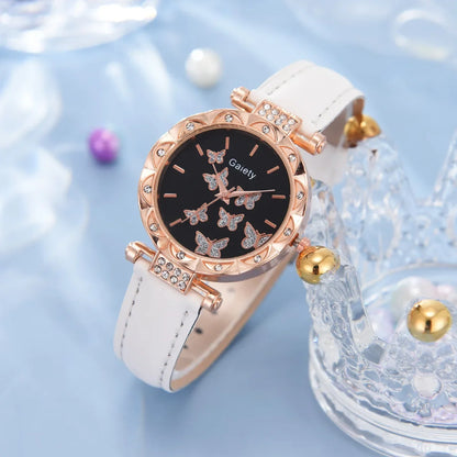 6-Piece Butterfly Watch & Jewellery Set | 33mm Numberless Dial, PU Leather Strap, Necklace, Bracelet, Ring & Earrings
