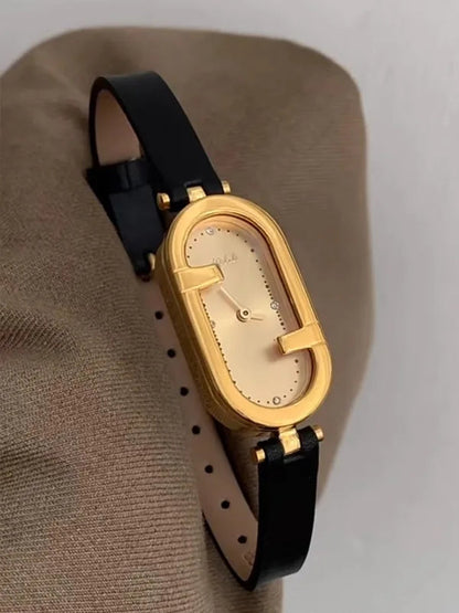 Irregular Minimalist Watch | Gold-Tone 24mm Numberless Dial with Slim Leather Strap & Japanese Quartz