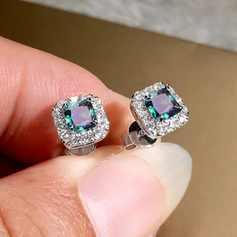 Green Cubic Zirconia Halo Stud Earrings | Gold-Tone Brass, Push-Back, 2.8g
