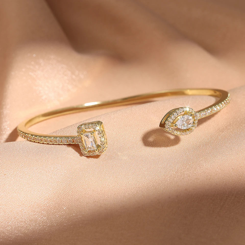 3-Piece Geometric Gold Cuff Bangle Set | AAA+ Cubic Zirconia Prong Setting, Adjustable, Unisex