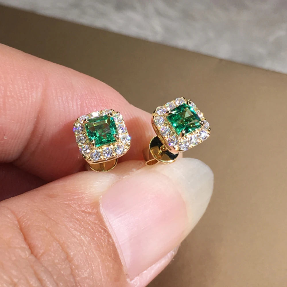 Green Cubic Zirconia Halo Stud Earrings | Gold-Tone Brass, Push-Back, 2.8g