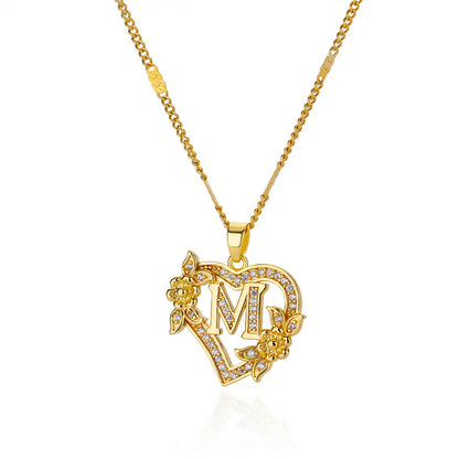 Initial Letter Heart Pendant Necklace | Zircon Flower & Personalised Letter, 316L Stainless Steel