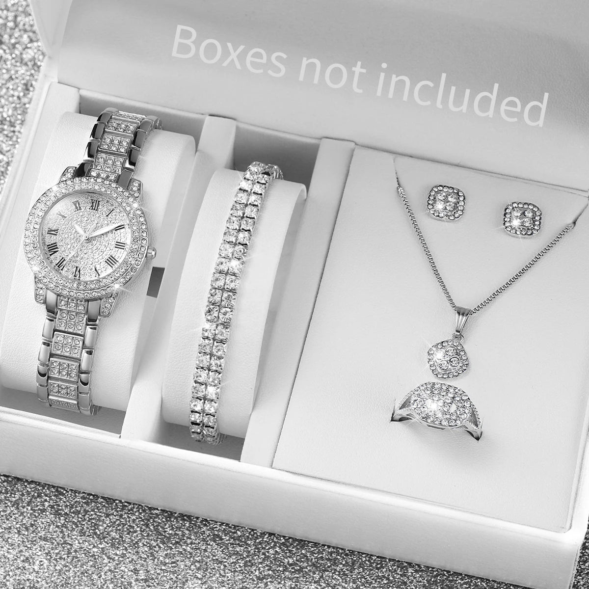 6-Piece Rhinestone Watch & Jewellery Set | 32mm Quartz Watch, Necklace, Bracelet, Ring & Earrings