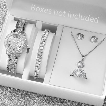 6-Piece Rhinestone Watch & Jewellery Set | 32mm Quartz Watch, Necklace, Bracelet, Ring & Earrings
