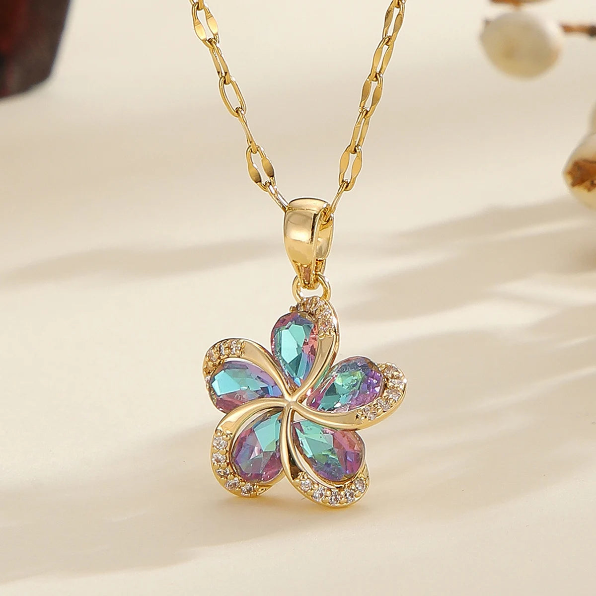 Flower Pendant Necklace | 316L Stainless Steel with Green Zircon Centre