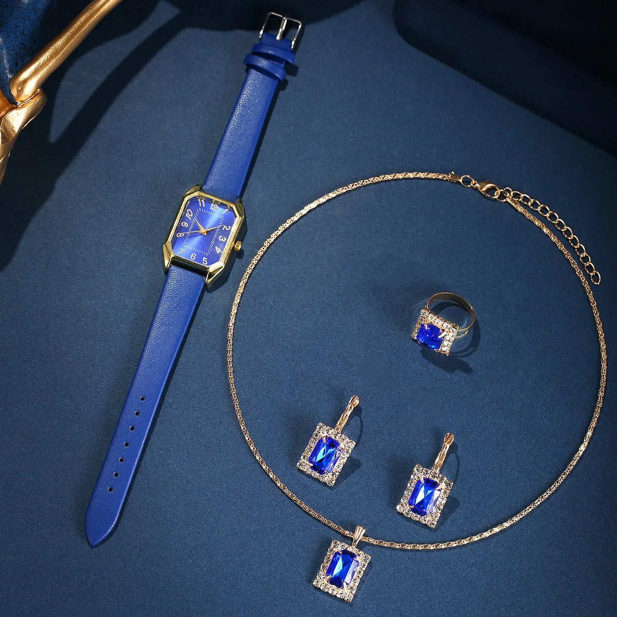 6-Piece Square Watch & Jewellery Set | 29mm Quartz Watch with Leather Strap, Necklace, Bracelet, Ring & Earrings