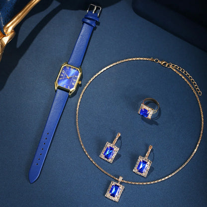 6-Piece Square Watch & Jewellery Set | 29mm Quartz Watch with Leather Strap, Necklace, Bracelet, Ring & Earrings