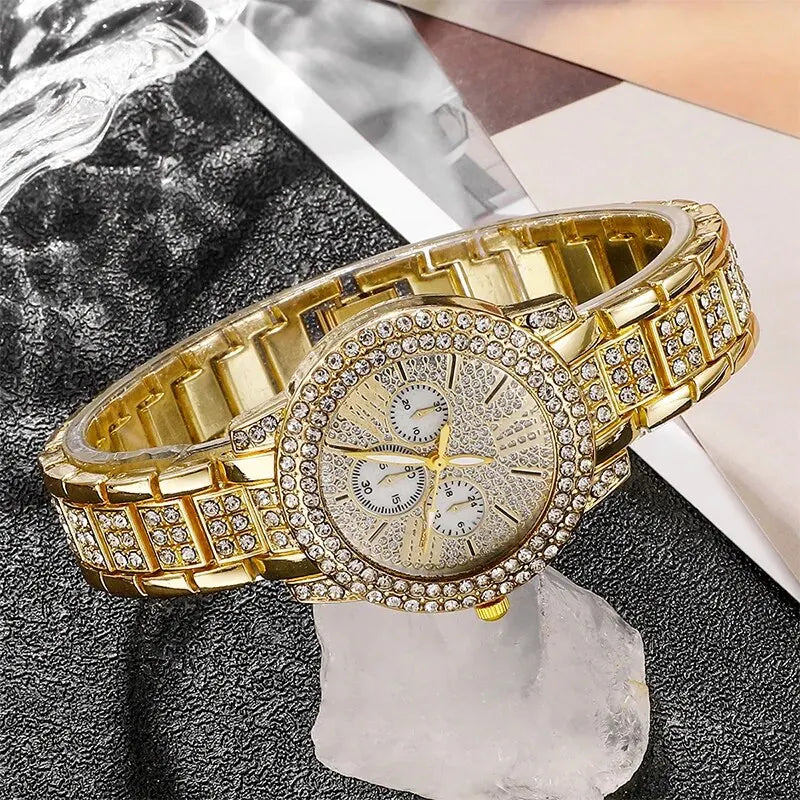 6-Piece Rhinestone Watch & Jewellery Set | Gold-Tone Quartz Watch with Necklace, Bracelet, Ring & Earrings