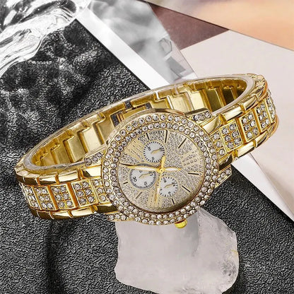 6-Piece Rhinestone Watch & Jewellery Set | Gold-Tone Quartz Watch with Necklace, Bracelet, Ring & Earrings