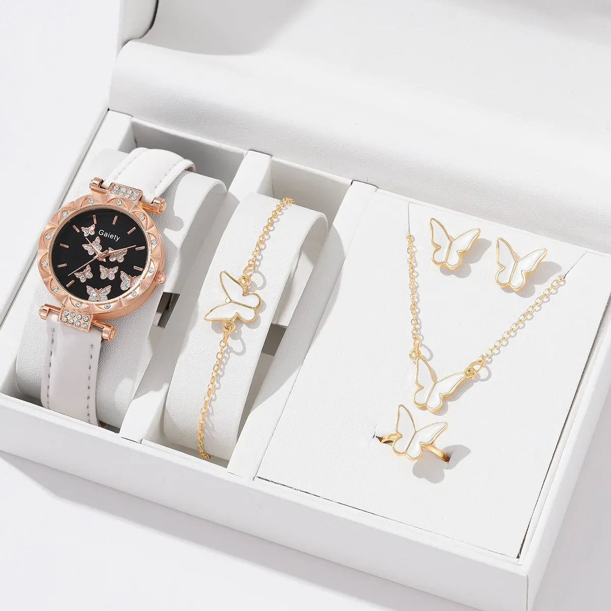 6-Piece Butterfly Watch & Jewellery Set | 33mm Numberless Dial, PU Leather Strap, Necklace, Bracelet, Ring & Earrings
