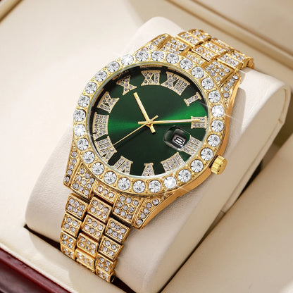 Rhinestone Calendar Watch | 42mm Roman Numeral Dial, Stainless Steel, 20mm Alloy Band