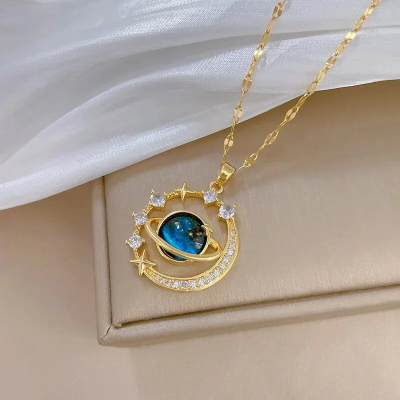 Star, Moon & Astronaut Pendant Necklace | Waterproof Titanium Steel with Zircon