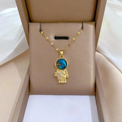 Star, Moon & Astronaut Pendant Necklace | Waterproof Titanium Steel with Zircon