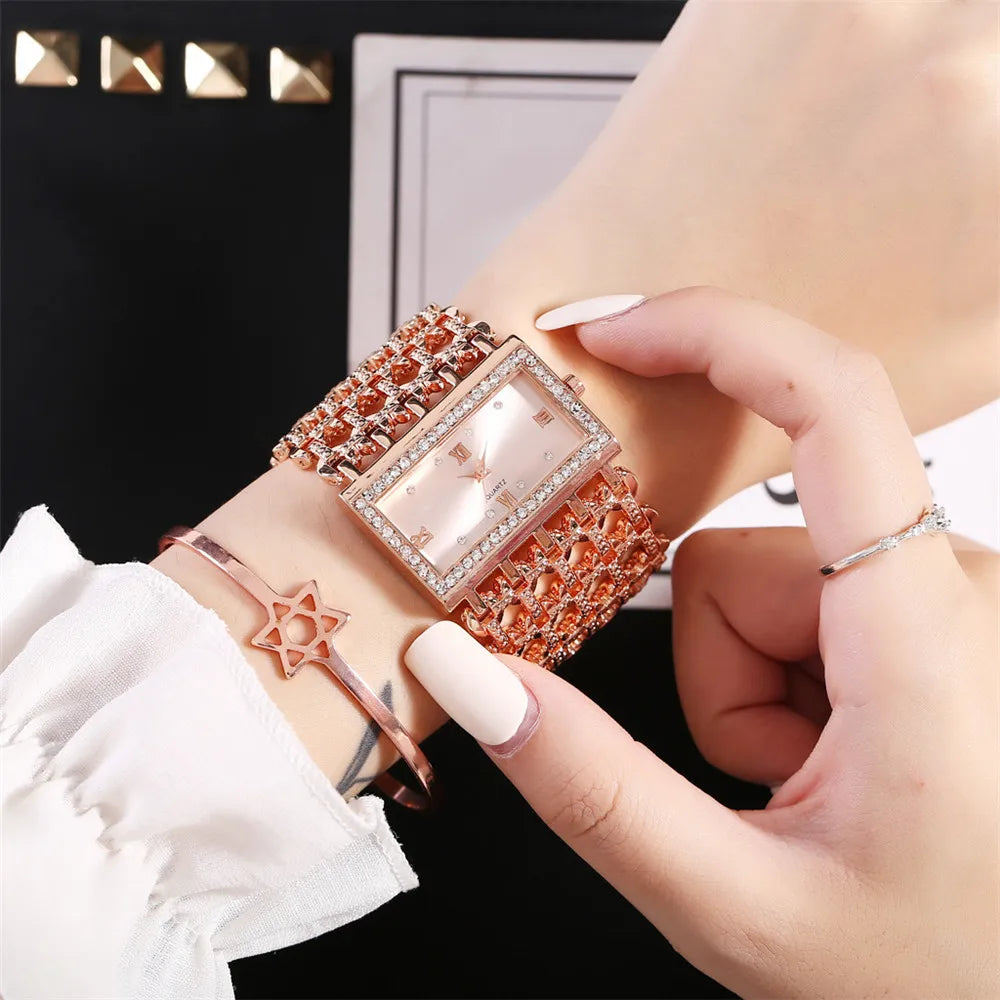 Gold-Tone Skeleton Cuff Watch | 35mm Wide Openwork Bangle with Square Rhinestone Dial
