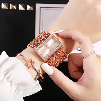 Gold-Tone Skeleton Cuff Watch | 35mm Wide Openwork Bangle with Square Rhinestone Dial