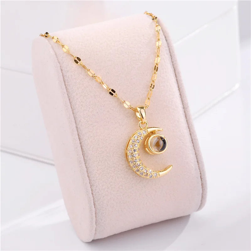 Crescent Moon Projection Pendant Necklace | Rhinestone 316L Stainless Steel Clavicle Chain