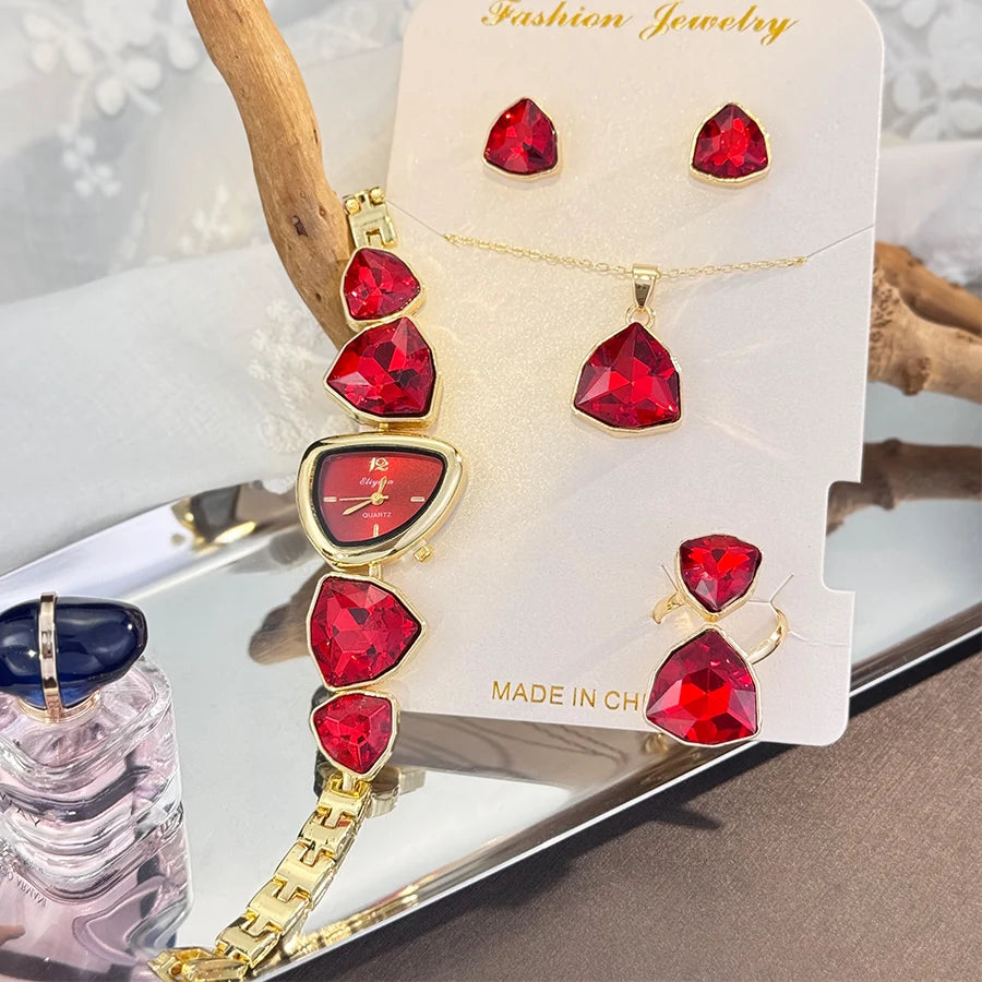 4-Piece Colourful Crystal Watch & Jewellery Set | Irregular Shape Quartz Watch, Necklace, Ring & Earrings
