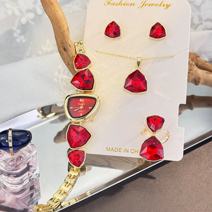 4-Piece Colourful Crystal Watch & Jewellery Set | Irregular Shape Quartz Watch, Necklace, Ring & Earrings