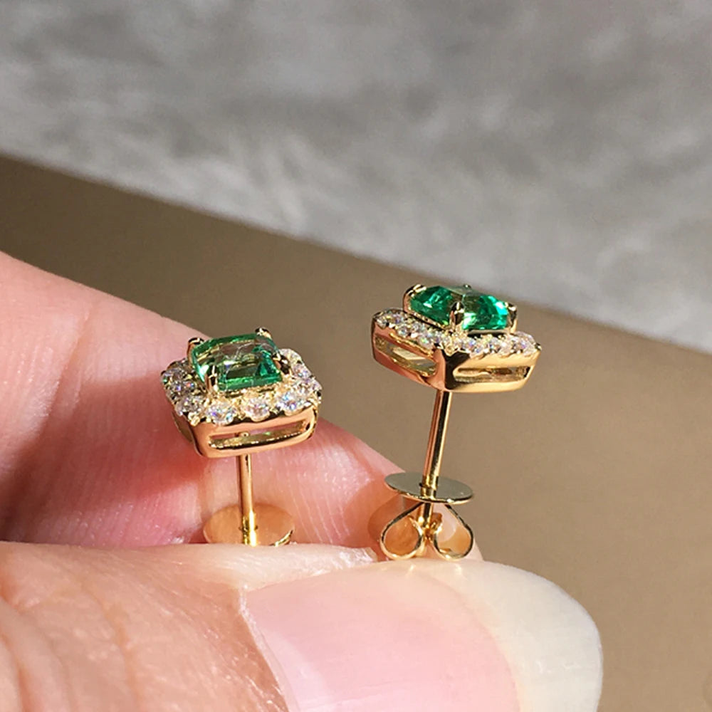 Green Cubic Zirconia Halo Stud Earrings | Gold-Tone Brass, Push-Back, 2.8g
