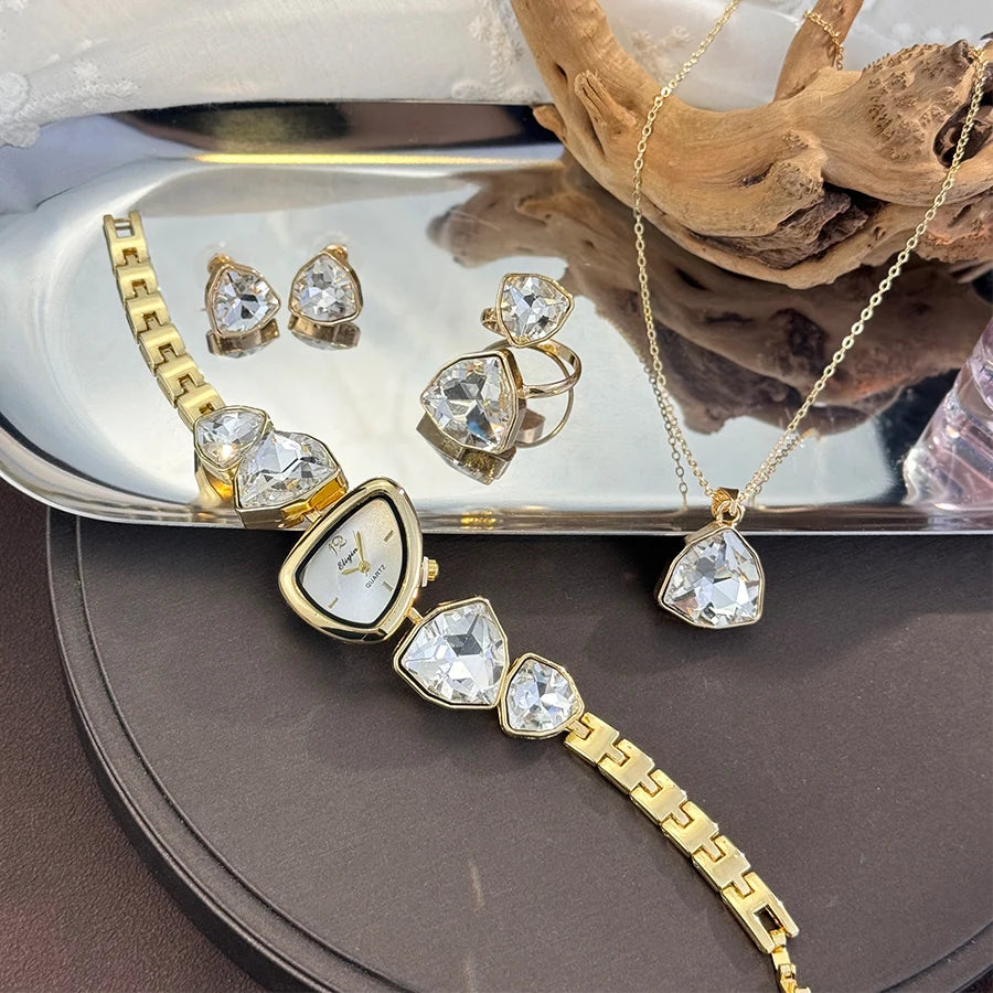 4-Piece Colourful Crystal Watch & Jewellery Set | Irregular Shape Quartz Watch, Necklace, Ring & Earrings