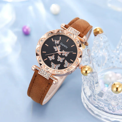 6-Piece Butterfly Watch & Jewellery Set | 33mm Numberless Dial, PU Leather Strap, Necklace, Bracelet, Ring & Earrings